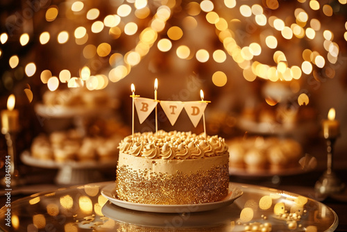 A mesmerizing photograph showcasing a birthday cake adorned with a shimmering gold banner, adding a touch of grandeur to the occasion.