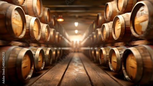 Wine cellar filled with barrels for aging and storage. Concept Wine Cellar, Barrel Aging, Storage Facility, Wine Collection, Winemaking Process
