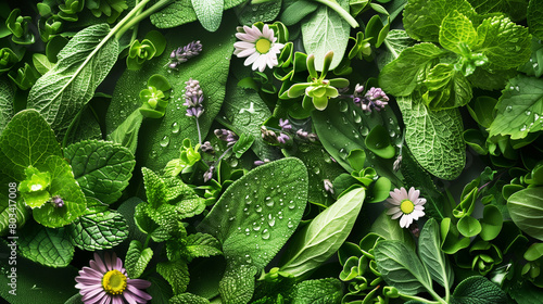 Close-up view of a lush collection of fresh green herbal and flowering plants with dew drops.