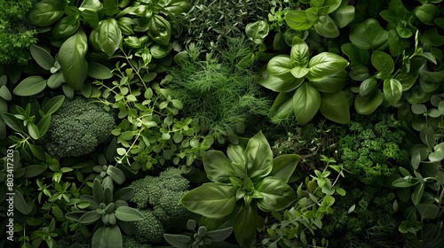 Lush display of various fresh herbs and leafy greens arranged densely, offering a natural green texture.
