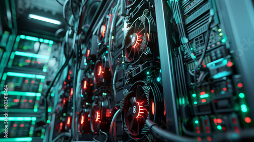Detailed view of GPU racks in a data center, featuring cutting-edge cooling and lighting technology for optimal AI computational performance. Image made using Generative AI
