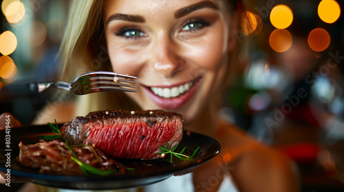Beautiful blond woman eating a steak cooked rare