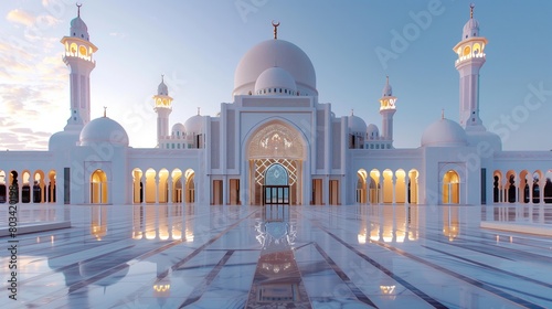 Beautiful view of a grand white mosque with multiple domes and minarets during sunrise.