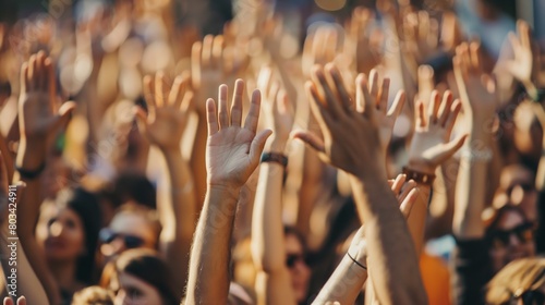 Numerous hands raised in the air at an outdoor event, illustrating participation and enthusiasm.