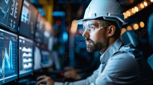 Engineer in safety helmet and safety goggles working on computer in factory