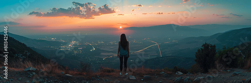 panorama view of the city from one hill, a girl stands on top of that mountain