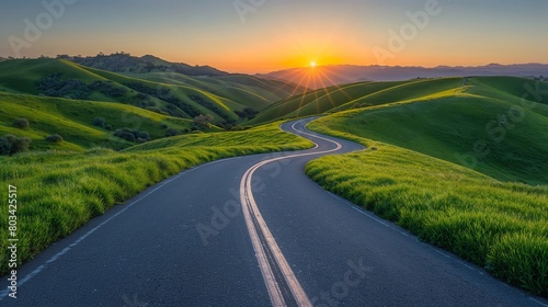 a modern road in the middle of green hills leading to the sun. The concept of travel and exploration. Generative ai