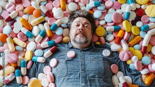 tired man lying on a pile of tablets and pills. Consider exploring healthy habits like sleep hygiene, stress management techniques, and relaxation methods. Generative ai