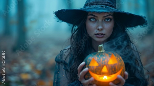 halloween witch model with pumpkin in mysterious forest. Generative ai