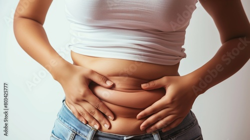 Close-up of a woman pinching her belly fat, wearing a white top and blue jeans.