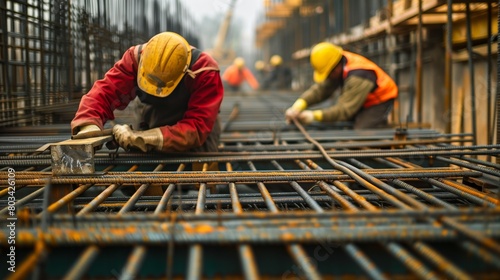 Construction workers in safety gear are tying rebar at a construction site.