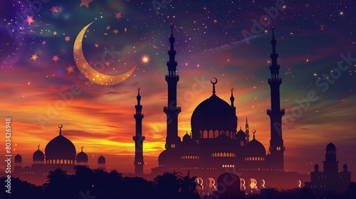 Luminous Eid celebration scene with mosques silhouetted against a starry, sunset sky embellished with a crescent moon.