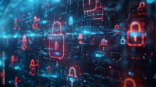 Abstract digital background of cybersecurity concept with glowing padlocks interconnected by data lines.