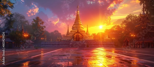 Golden Chedi of Wat Phra That Si Chom Thong Illuminated by a Rendered Sunlight