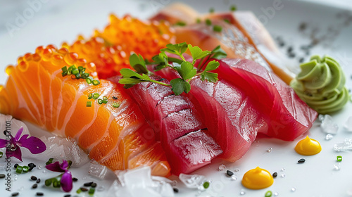 Assorted sashimi platter with salmon, tuna, and other fish varieties on a white background. Close-up studio food photography. Japanese cuisine and seafood concept. Design for menu, poster.