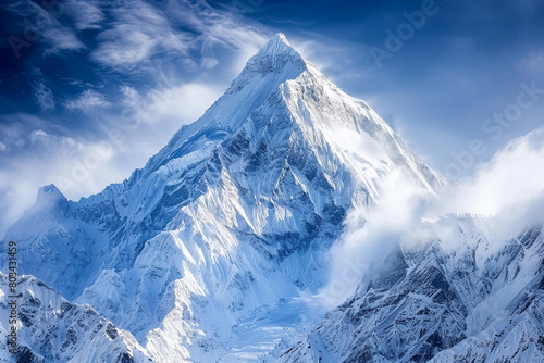 A photo of a majestic mountain peak covered in snow, capturing the grandeur of natural beauty.