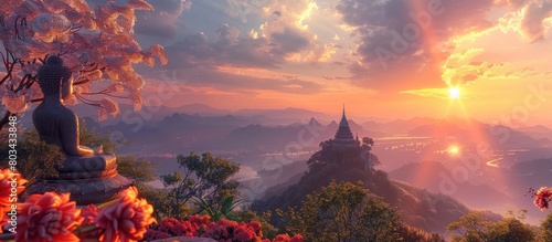 Radiant Sunset Illuminates Hilltop Temple Wat Phra That Phu Khao in Nan Province