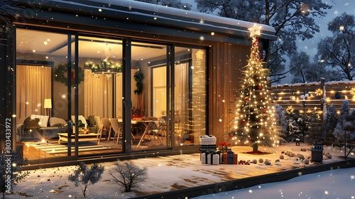 Cozy apartment with sliding doors and decorated christmas tree on the patio at snowy winter night