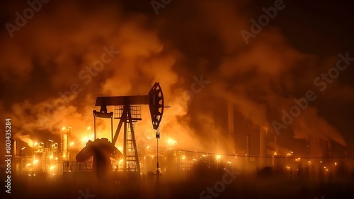 Challenges in the energy industry depicted by a fog-shrouded nighttime oil pump refinery. Concept Energy Industry Challenges, Nighttime Oil Pump, Foggy Atmosphere