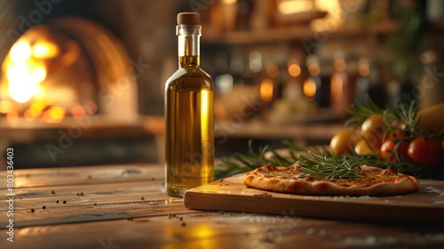 A pizza, olive oil, and tomatoes are on a wooden table.