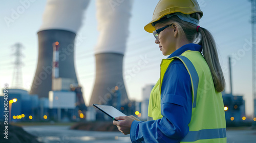Close-up: Energy analyst studies nuclear plant performance on tablet.