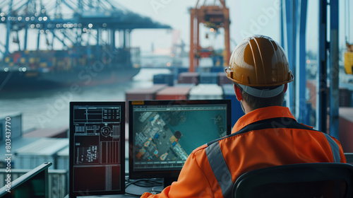 Close-up: Customs officer at cargo port, computer displaying cargo data.