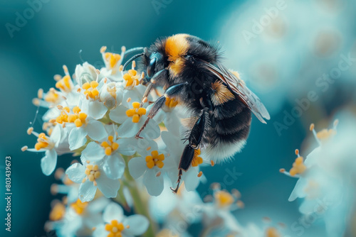 A bumblebee collects nectar from a white flower