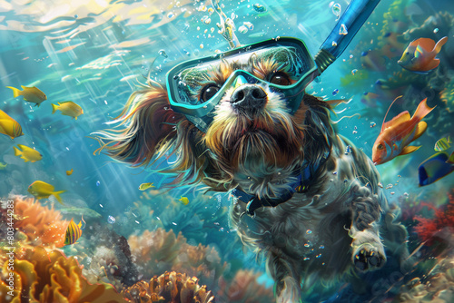 A dog wearing a snorkel and flippers, exploring an underwater world filled with colorful fish.