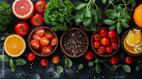 set of fresh vegetables and fruits on black background. Different colorful fresh vegan food. Flat lay.