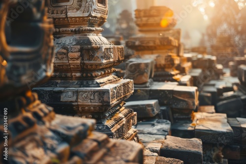 A beautiful photo of the ancient ruins of a temple, with intricate carvings and a golden glow.