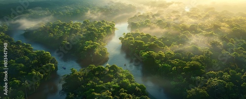 The lush green canopy of the Amazon rainforest is broken up by a winding river and its tributaries