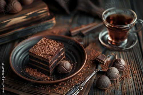 chocolate truffle cake cocoa powder tea black wooden table indulgent dessert moody food photography still life dark digital illustration 