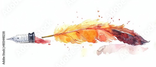 A feather dipped in red ink. The quill is orange, yellow, and red. It is laying on a white surface. There are red and orange paint splatters around the quill.