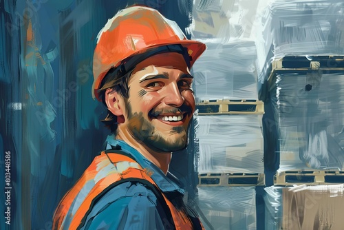 confident warehouse worker hardhat smiling portrait young blue collar industry logistics shipping digital painting illustration 
