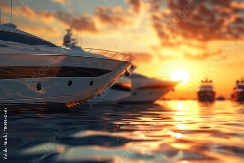 A sleek yacht sits in the calm water at sunset. The sky is ablaze with color, and the yacht's reflection shimmers on the surface of the water.