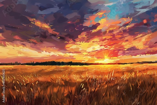 golden wheat field dramatic sunset sky agricultural landscape rural farming crops harvest digital painting 