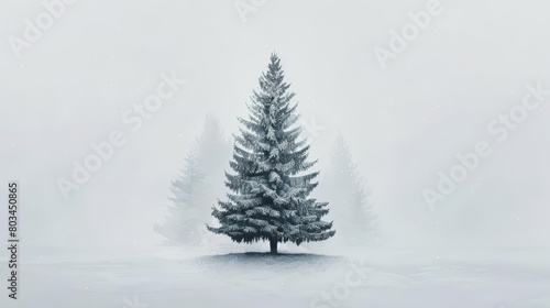 A lone pine tree stands in a snowy field. The snow is falling heavily, and the tree is covered in snow. The only sound is the wind blowing through the trees.