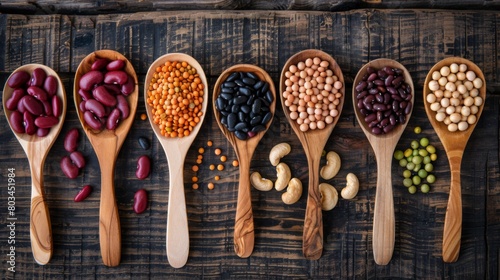 Assortment of beans and lentils in wooden spoon on wooden background. mung bean, groundnut, soybean, red kidney bean , black bean ,red bean and brown pinto beans .