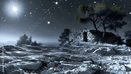Una noche mágica: la naturaleza brilla sobre ruinas olvidadas del hombre. Concept Nature's beauty over ancient ruins, Magical night filled with wonder and history