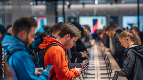 Customers Exploring New Gadgets in Tech Store. A busy tech store scene with customers exploring various new gadgets and devices, deeply engaged in technology.