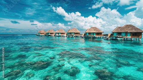 Private island resort with overwater bungalows and a clear sea under a bright sky. Private retreats