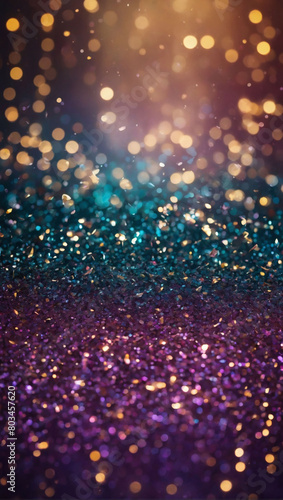 Topaz and plum abstract glitter confetti bokeh background, blending opulence with tranquility.