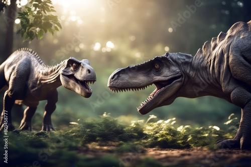 'two nosaurs tyrannosaurus dinosaur ancient animal prehistoric danger era monster nature reptile lizzard cruel threat carnivorous river power archaeology beast history carnivore old ominous jurassic'