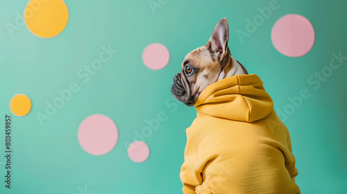 A cute French dog in a yellow and white sweatshirt sits on the floor with his back turned to the camera with a green background and colorful circles around it