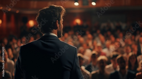 A confident businessman delivering a keynote address to a captivated audience at a conference.