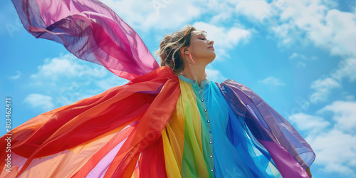 Beautiful young woman in airy long fluttering dress of rainbow colors on the background of summer sky with copy space.