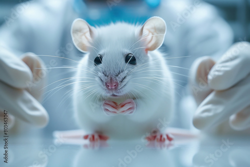White laboratory mouse in the hands of a scientist, close-up