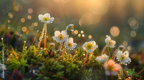 A close-up of dew-covered moss and small wildflowers in the taiga under the soft morning light