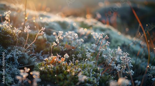 A close-up of dew-covered moss and small wildflowers in the taiga under the soft morning light