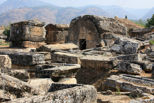 Public tombs in ancient city Hierapolis ruins in Pamukkale, Turkey.